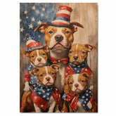 Patriotic Pitbull Dog Family in Stars and Stripes Outfits with Hats and Bandanas Celebrating Fourth of July on Ready to Hang 1.5" Thick Canvas Wrap, Floating Framed Canvas, Flat Rolled Canvas